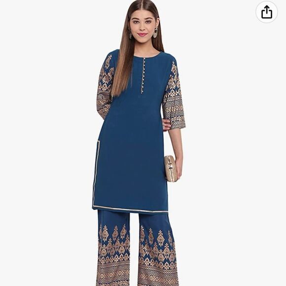 Janasya Indian Women's Teal Poly Crepe Kurti With Palazzo - Picture 1 of 8